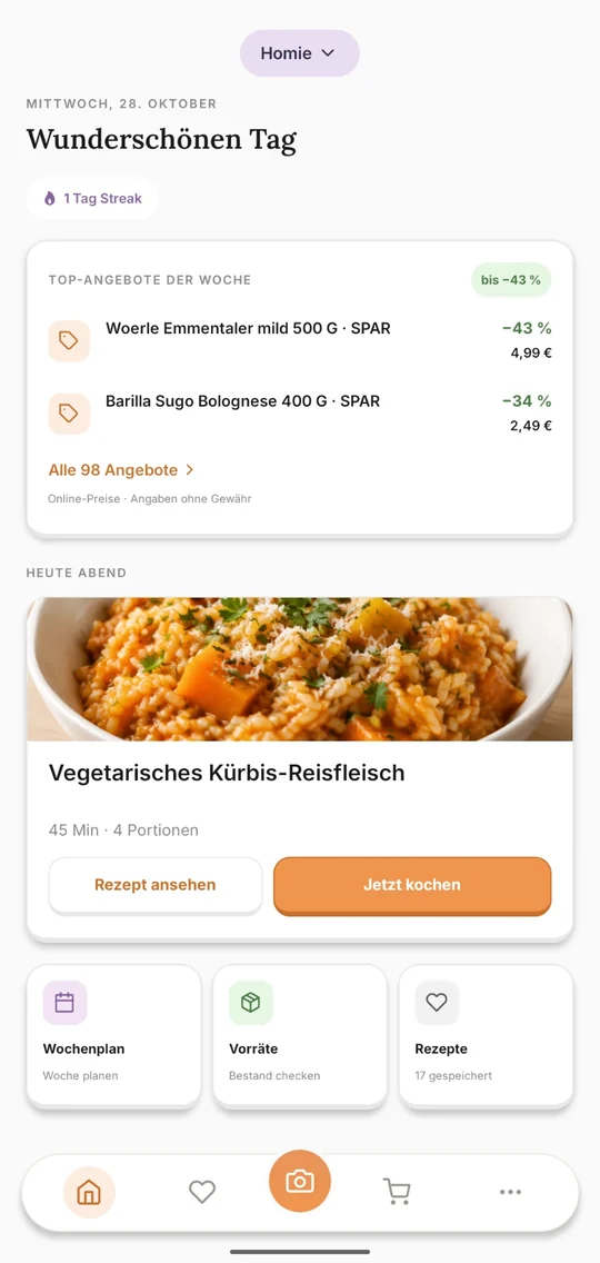 Die Startseite der Buskar-App mit den Top-Angeboten der Woche und dem Gericht für heute Abend