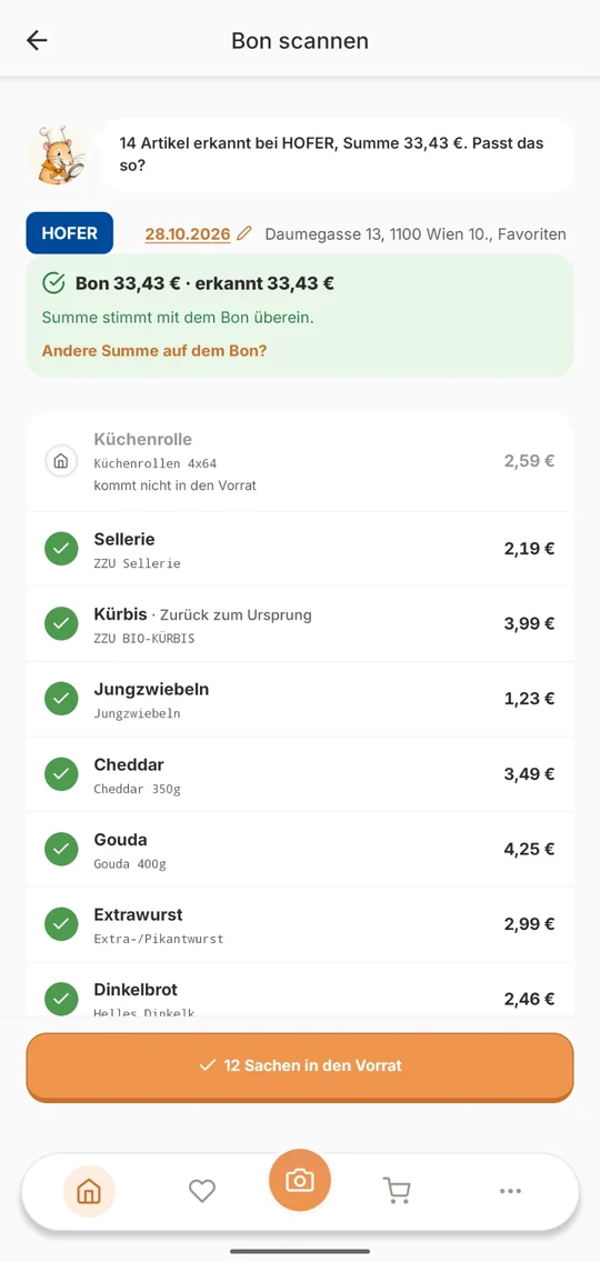 Bon-Scan in der Buskar-App: 14 Artikel erkannt, die Summe stimmt mit dem Kassabon überein
