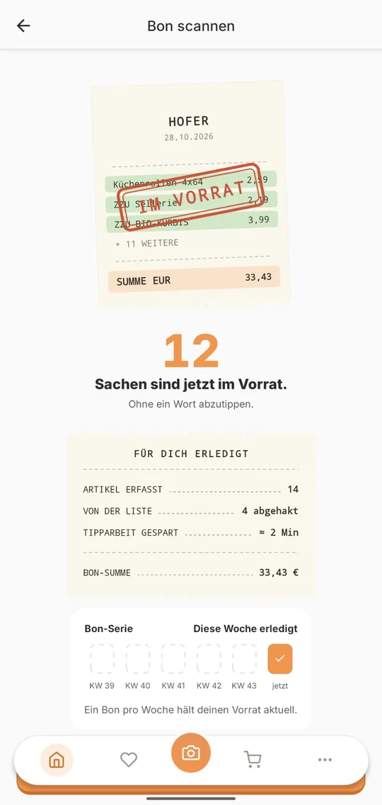 Nach dem Bon-Scan: 12 Sachen sind jetzt im Vorrat, ohne ein Wort abzutippen