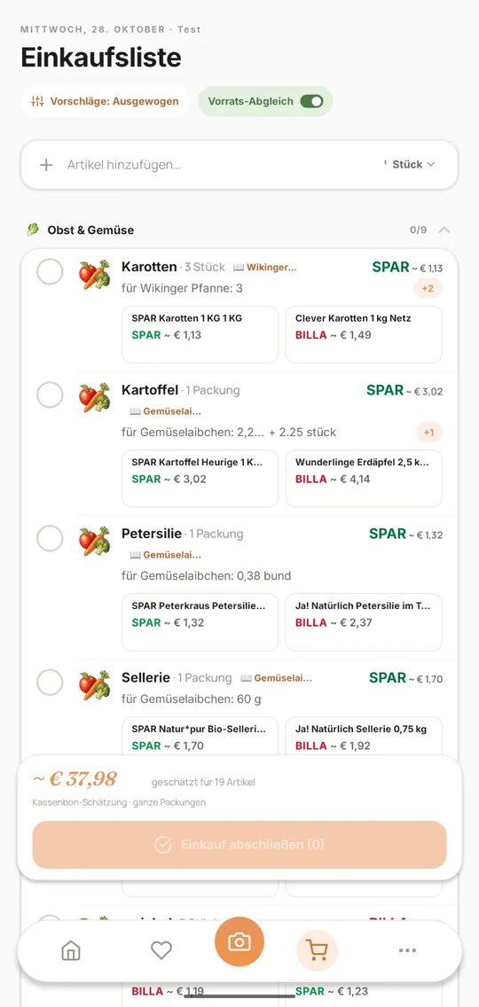 Die Einkaufsliste in der Buskar-App, nach Kategorien sortiert, mit passenden Produkten und Preisen von BILLA und SPAR