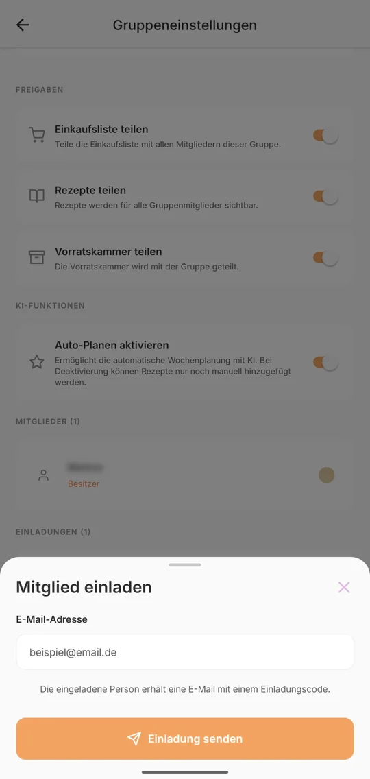 Gruppeneinstellungen in der Buskar-App: Einkaufsliste, Rezepte und Vorrat teilen und Mitglieder einladen