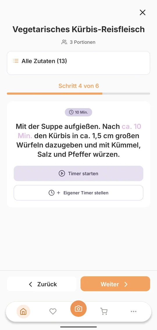 Der Kochmodus der Buskar-App: Schritt 4 von 6 mit Timer