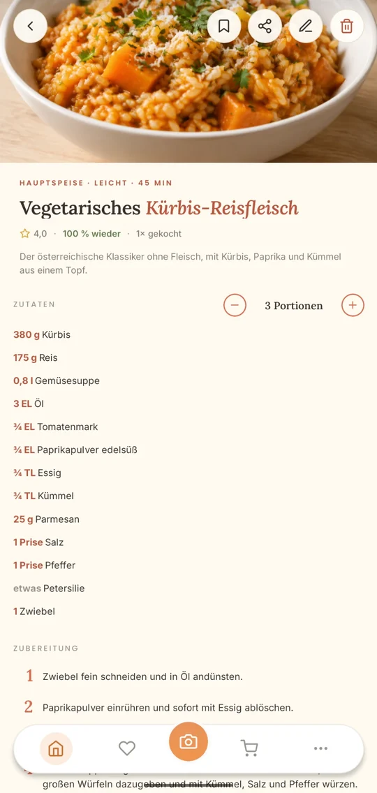 Ein Rezept in der Buskar-App: Vegetarisches Kürbis-Reisfleisch mit Zutaten für drei Portionen