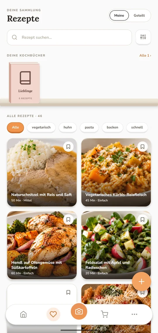 Die Rezeptsammlung in der Buskar-App mit Fotos, Kochzeit und Filtern
