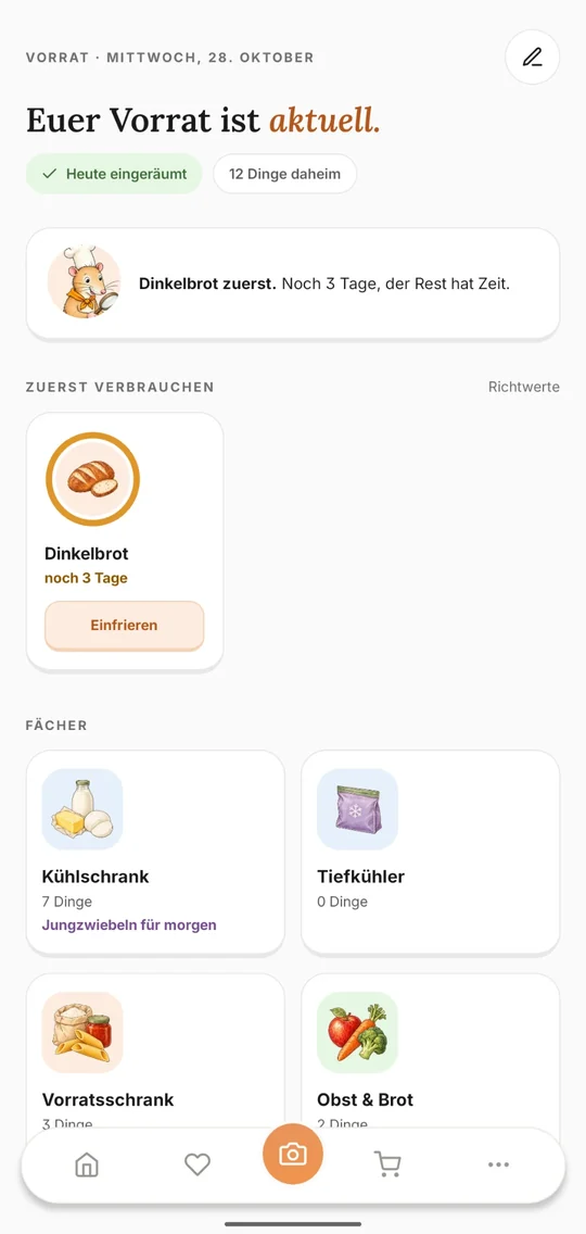 Der Vorrat in der Buskar-App: was zuerst verbraucht werden sollte, sortiert nach Kühlschrank, Tiefkühler und Vorratsschrank