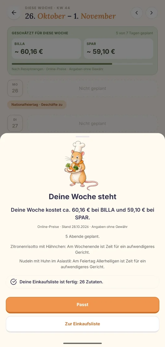 Buskar meldet: Deine Woche steht, mit den geschätzten Kosten bei BILLA und bei SPAR und der fertigen Einkaufsliste
