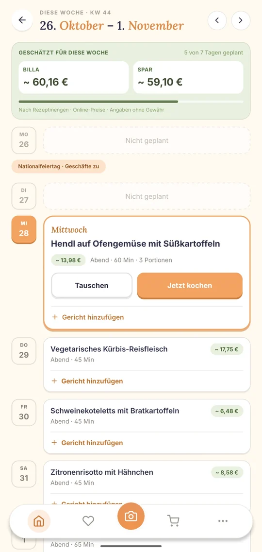 Der Wochenplan in der Buskar-App: ein Gericht pro Abend und oben die geschätzten Kosten bei BILLA und bei SPAR